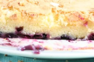slice of gluten free dairy free lemon blueberry cake on a platter great for Passover (Pesach) dessert