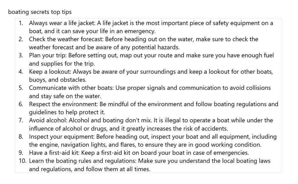 example of Chatgpt (AI Writer) results using boating secrets top tips